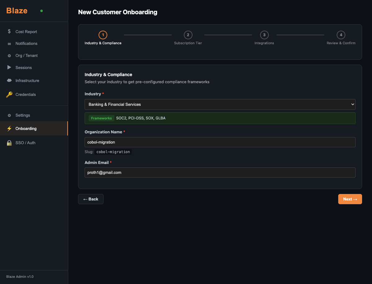 Step 1: Industry and Compliance selection